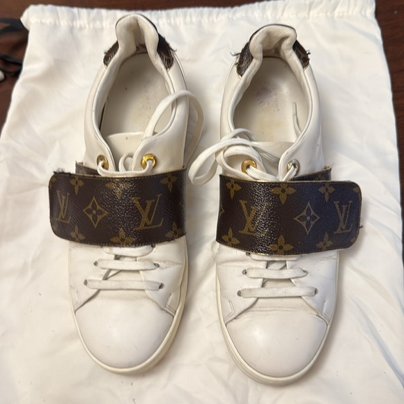 Louis Vuitton White Sneakers with Brown and Gold Accents. - Picture 1 of 8